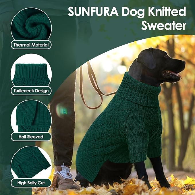 SUNFURA Dog Sweater, Christmas Sweaters for Large Dogs, Solid Color Dog Pullover for Fall Winter, Warm Sweatshirt Knit Turtleneck for Corgi, French Bulldog, Green L