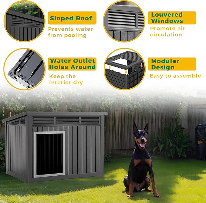 ROJIK Large Dog House Outdoor Indoor Weatherproof with Removable Roof Raised Base Plate,Pet House Weatherproof for Small to X-Large Dogs,Easy to Clean and Lightweight(42.87 * 32.95 * 31.61inch,Black)