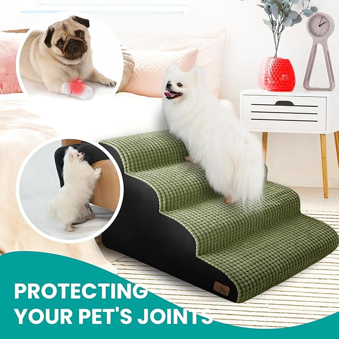 Dog Stairs for Small Dogs, 20.5 in H 4 Step Curved Dog Ramp for High Bed and Couch, Foam Dog Ramp with Durable Non-Slip Waterproof Fabric Cover, Pet Stairs for Pets Joints, Green