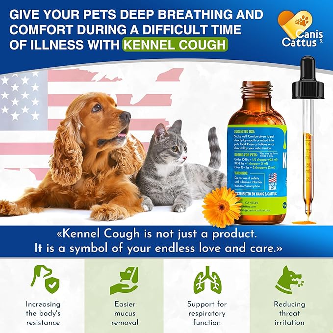 Canis&Cattus Kennel Cough Treatment for Dogs – Natural Cough Medicine for Dogs and Cats – Dry Cough Suppressant Helps to Soothe Throat – 2 oz