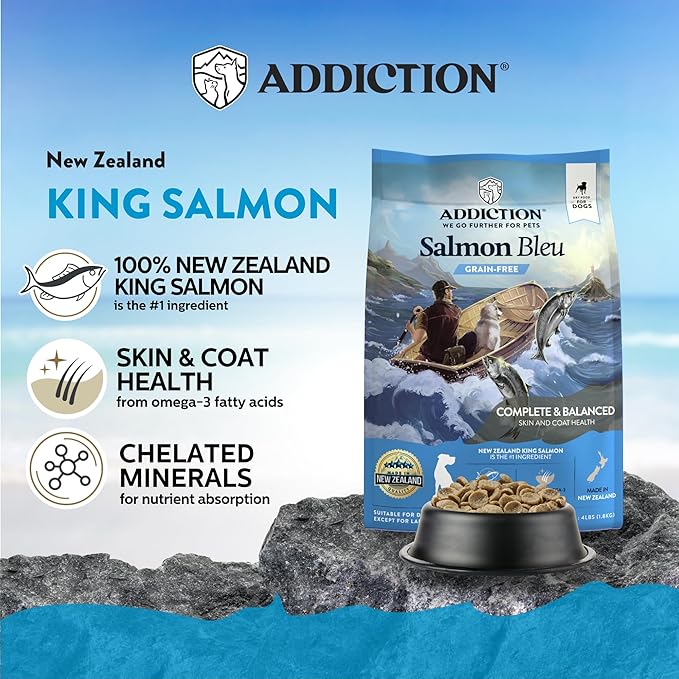 Addiction Salmon Bleu Grain-Free Dry Dog Food - Rich in Prebiotics to Support Skin, Coat & Cognitive Health - Salmon Recipe for All Dog Life Stages - Made in New Zealand 4 lb