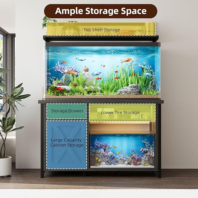 4ever2buy 55-75 Gallon Fish Tank Stand with Power Outlet, Led Light, Heavy Duty Aquarium Stand with Cabinet for Fish Tank Accessories Storage, Shelf, for Turtle Tank, Reptile Terrarium, 1100 LBS, Gray