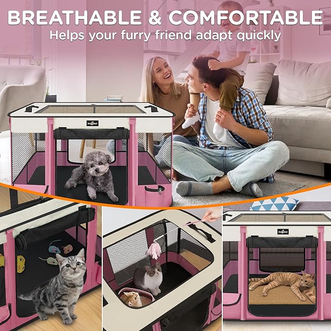Foldable Pet Kitten Playpen, Upgrade Waterproof Portable Cat Dog Playpen Kennel Tent for Dog Cat, Retractable Shade Cover with Free Carrying Case, Indoor Outdoor Use for Small Pet, Pink