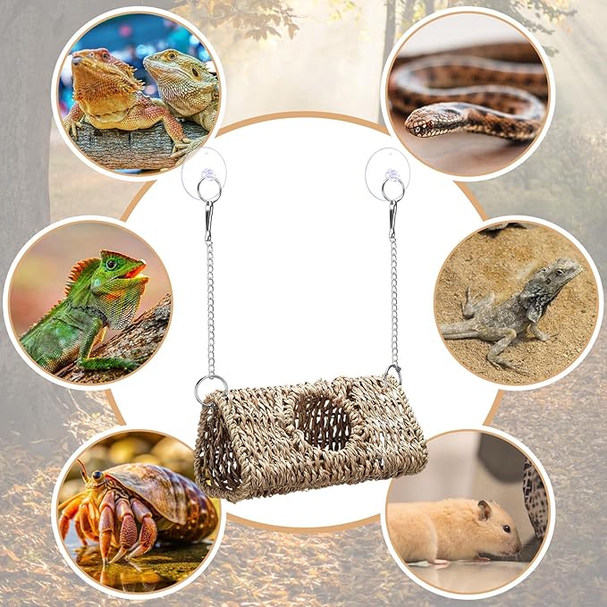 Reptile Hide Cave Hollow Cave Hideout with 2 Pcs Suction Cup and Chains Gecko Hide Reptile Tank Decor Seagrass Fiber Climbing Toys for Lizard Snakes Hermit Crabs (Triangle)