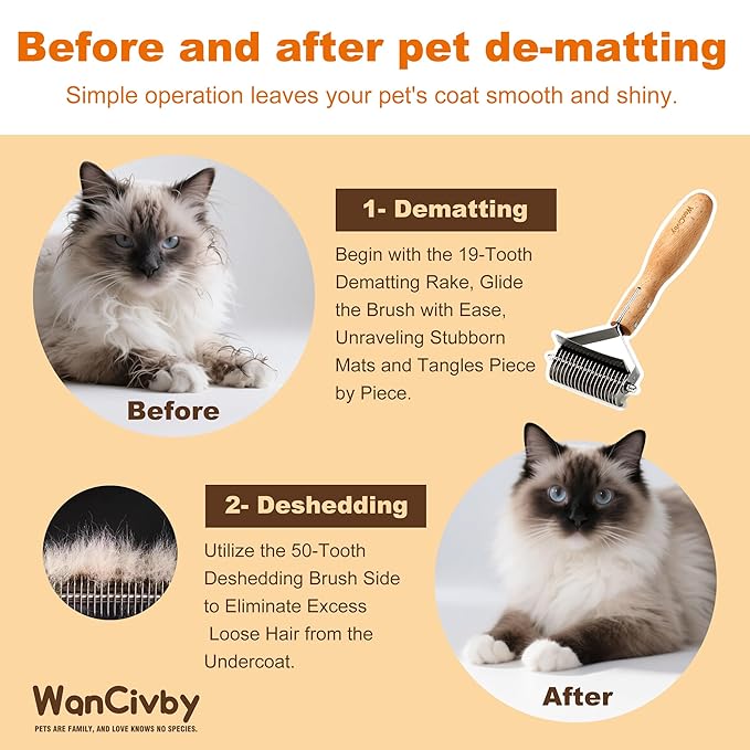 3-in-1Dematting & Deshedding Comb Undercoat Rake for Cats& Dogs,Detangling Matted Fur & Hair Remover Tool Pet Grooming Rake for Shedding and Dematting,Ergonomic beech wood handle (Round Handle)