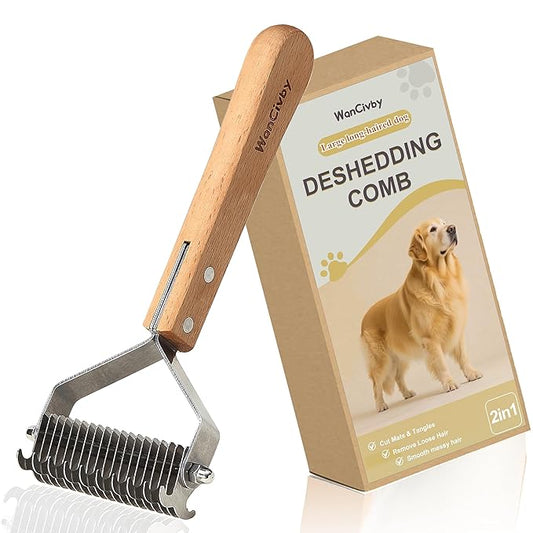 2-in-1Dematting & Deshedding Comb Undercoat Rake for Cats& Dogs,Detangling Matted Fur & Hair Remover Tool Pet Grooming Rake for Shedding and Dematting,Ergonomic beech wood handle (2 in 1)