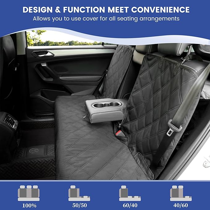 Back Seat Cover 60/40 Split Bench for Cars,Trucks,SUVs - Waterproof Easy Cleanup Car Seat Protector Great for Messy Kids and Drooling Pet Dogs(Black)