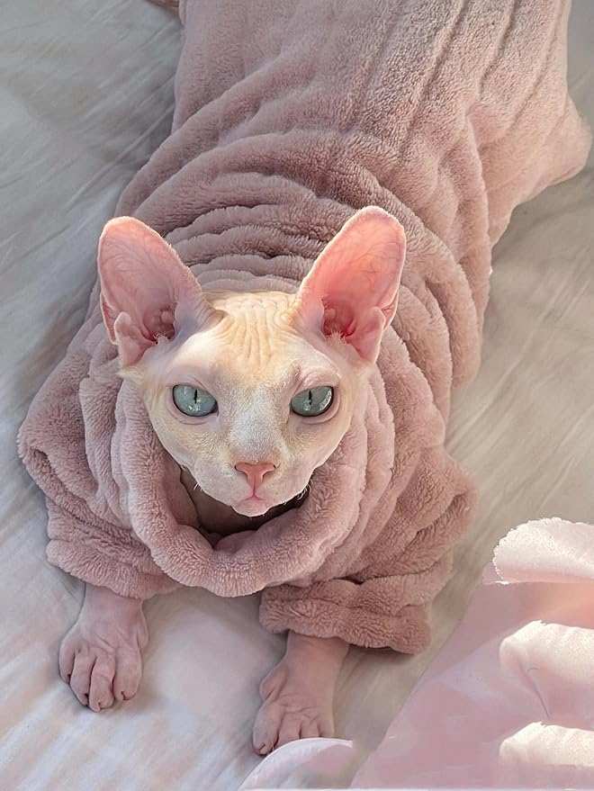 Turtleneck Sweater for Sphynx Cat Soft Coral Fleece Cat Clothes Thick Winter Warm Outfit Coat for Hairless Cats and Small Dogs Apparel with Sleeves (Pink, L (7-8.5 lbs))