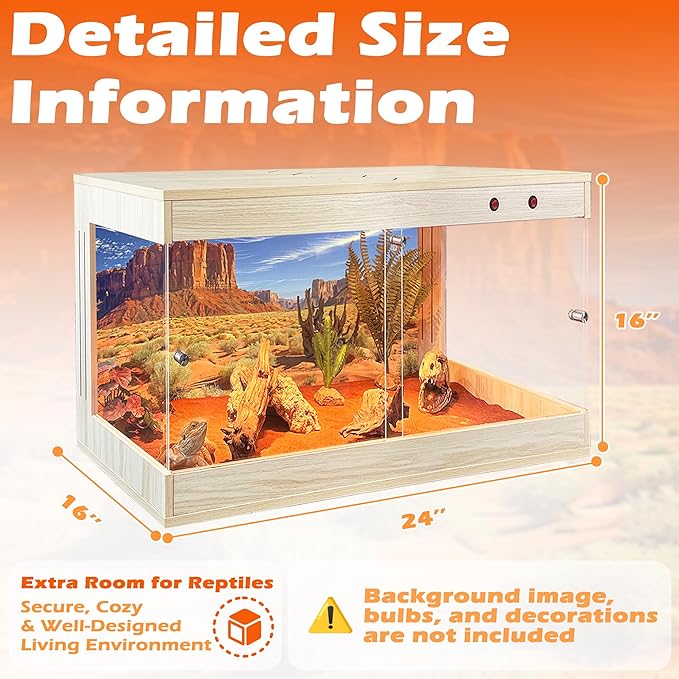 Royxen Tempered Glass Reptile Tank 29 Gallon, Reptile Enclosure with Metal Mesh Top and Lockable Design, Bearded Dragon Tank for Lizard Habitat, 24"x18"x18", Oak