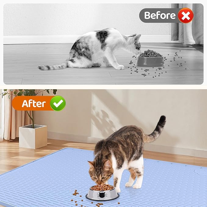 Cat Food Mat, 40" x 28" Extra Large Silicone Pet Feeding Mat with Raised Edge Pet Placemat for Food and Water Bowl Non-Slip, Easy to Clean, Floor Protection (Blue)