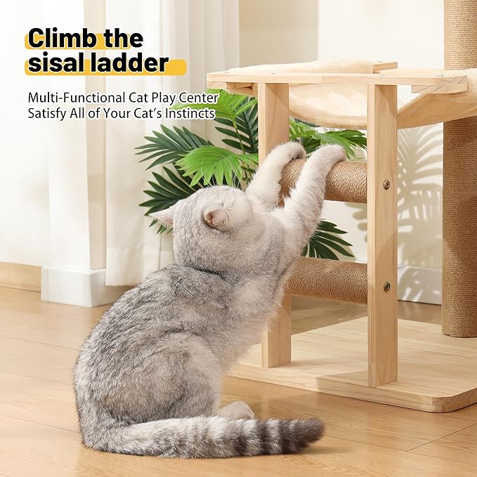 KVIDA Extra-Sturdy Wooden Cat Tree for Large Cats โ Modern 3-Level Tower with Hammock, Anti-Tip Sisal Posts & Oversized Perch, Ideal for Indoor Big Cats & Multi-Cat Homes