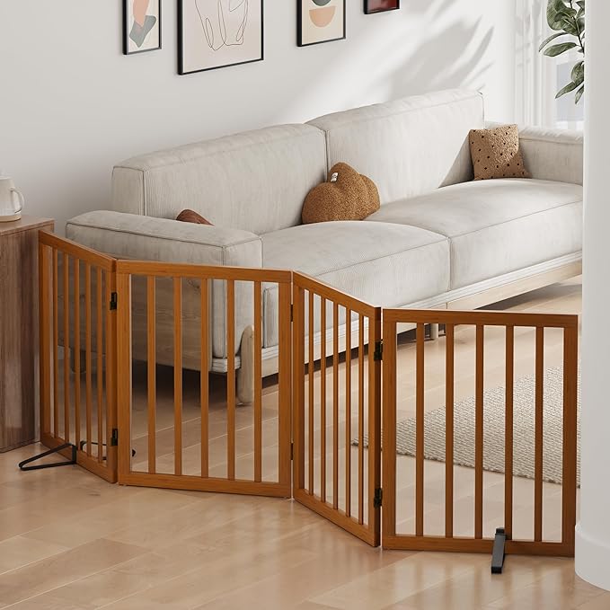 Dog Gate, Freestanding Dog Gates for Doorways, Foldable Dog Gate Indoor, Pet Gates for Doorways Bedroom, Puppy Gate with Metal Support Feet, Room Divider 4 Panels (Walnut)
