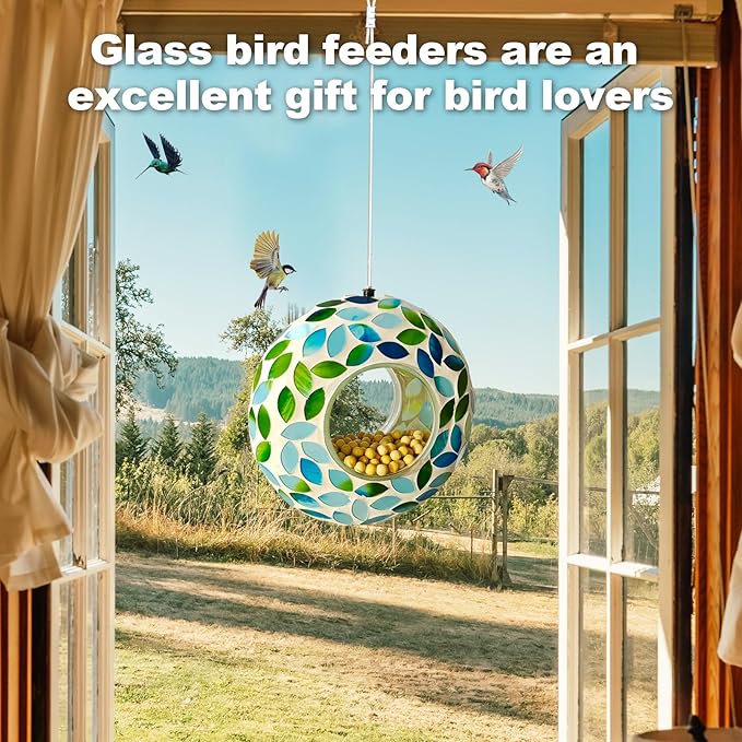 Mosaic Bird Feeder, Outside Hanging with Round Shape Glass BirdFeeders to Attract More Wild Birds, Mosaic Fly Through for Garden, Yard, Backyard, Deck and Porch Decor, Green 7-Inch