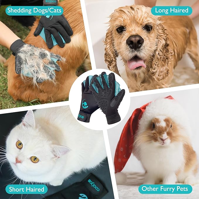 COOLJOB Patented Pet Grooming Gloves with Web, Reusable Washable Cleaning Brush Massage Hair Remover for Short Long Haired Dog Cat Horse Animal, Washing Bathing Shedding Supplies, Medium, Blue Black