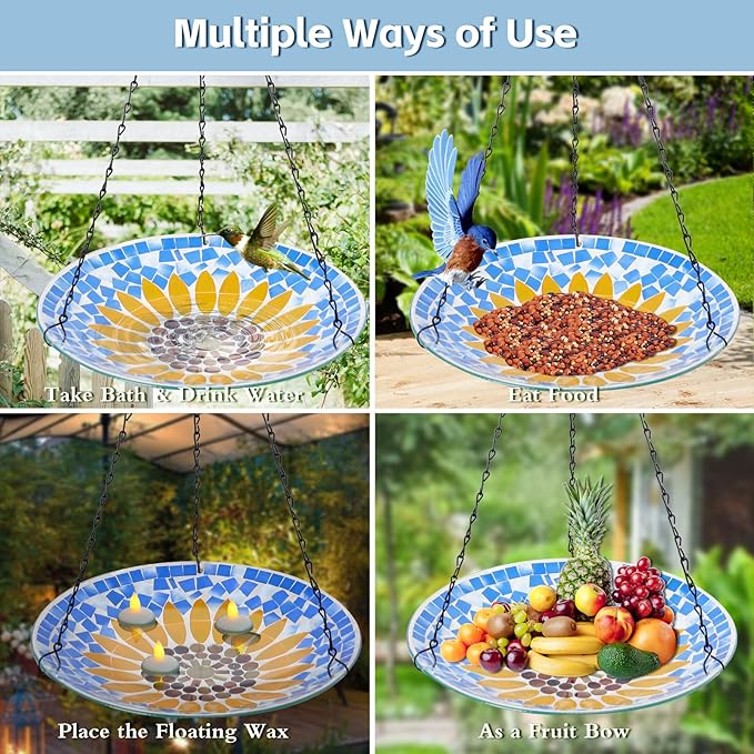 MUMTOP Mosaic Hanging Bird Bath-Bird Baths for Outdoors - 12 Inch Glass Birdbath Bird Water Bowl Bird Feeders for Outside, Garden, Lawn Yard Decor(Sunflower)
