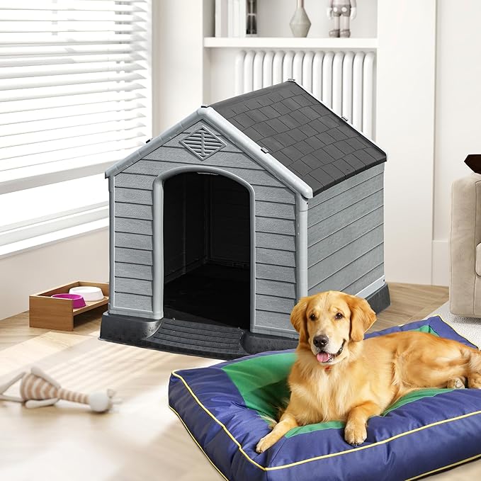 DWVO Spacious Plastic Dog Shelter, Weatherproof Outdoor/Indoor Doghouse, Puppy Kennel with Air Vents and Elevated Floor, 41.3''L*38''W*38.8''H, Black+Gray