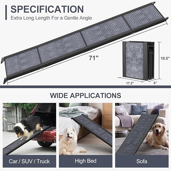 Dog Ramp for Car 71" Extra Long & 17.2" Wide Folding Dog Ramps for Large Dogs with Non-Slip Rug Surface Portable Dog Car Ramp for SUV Car & Truck, Outdoor Dog Ramp Up to 270 LBS