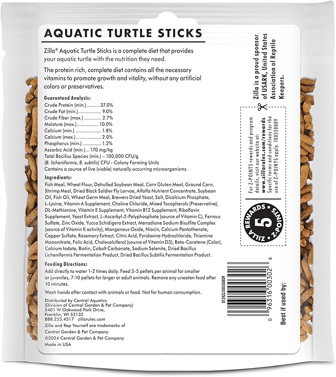 Zilla Pet Aquatic Turtle Sticks, Natural with Added Vitamins and Minerals, Nutrient-Rich Floating Food for Turtles, 4.5 oz