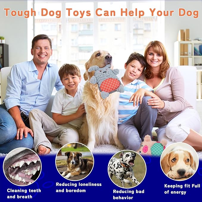 Crinkle Dog Toys Squeaky Plush No Stuffing Cute Puppy Stuffless Tough Rop Pull Toy, Fun Dog Stuffed Animals Durable Chew Set for Small Medium Large Pup (Large, Pink Pig+Blue Dog)