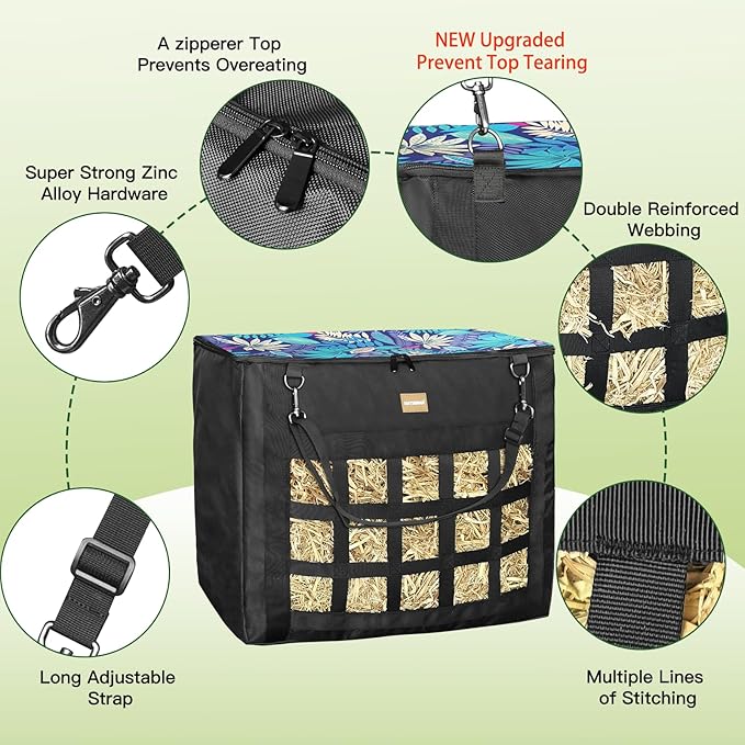 New Version Hay Bags for Horses,Slow Hay Feeder Bags for Goats,Sheep,Super Tough Oxford with Front Hay Nets Design, Double Reinforced Webbing Upgraded Metal Clips for Durable (Leaf)