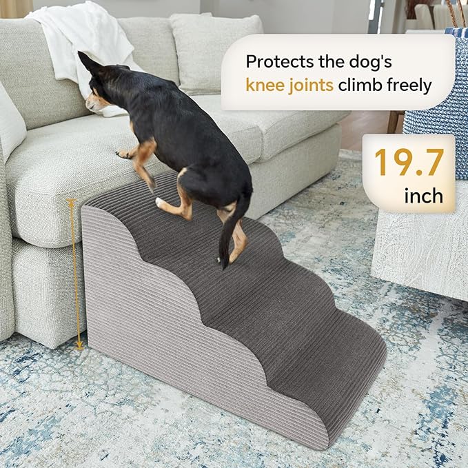 19.7”H Curved Dog Stairs Ramp for Beds Couches, Pet Steps with Durable Non-Slip Washble Fabric Cover, Pet Stairs for Bed Climbing, Dog Steps for Small Dogs and Cats, 4-Tiers,Foam Density Upgraded
