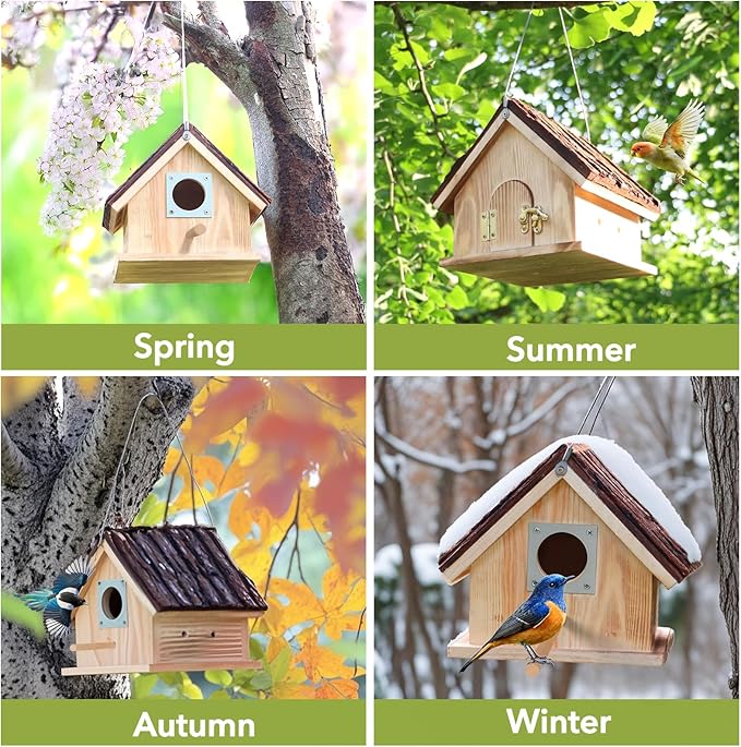 Wooden Bird Houses for Outside Hanging – Natural Pine Birdhouses for Outdoors with Bark Roof, Bluebird Nesting Box with Predator Guard for Wrens, Finches, Swallows, Nuthatches, Pre-Assembled