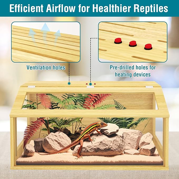 67 Gallon Reptile Tank, Wooden Bearded Dragon Terrarium Tank with Top Ventilation, Large Reptile Enclosure for Snake, Lizard, and Leopard Gecko, Includes Feeding Tongs, 40" L x 20" W x 20" H