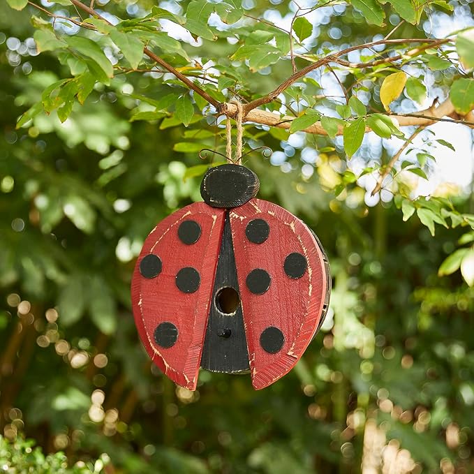 Glitzhome 11.5" H Distressed Solid Wood Ladybug Birdhouse Garden Hanging Bird House for Outdoors