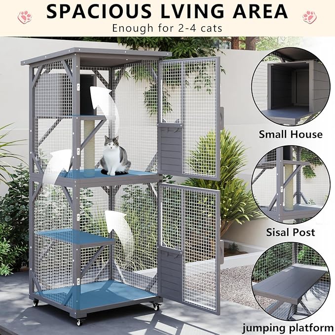 LEMBERI 71" Cat House Outdoor Catio Cat Enclosures on Wheels, Large Outside Patio Wooden Cat Cage Resting Box,Scratching Post, Waterproof Roof (Gray)