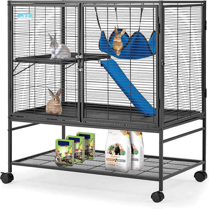 HABUTWAY 40''H Large Metal Rolling Ferrets Cage, 2-Tiers Small Animal Cages, Cage for Rats/Chinchillas, 0.5'' Bar Spacing for Ferret,Small Animal Cage w/Removable Ramp & Platform