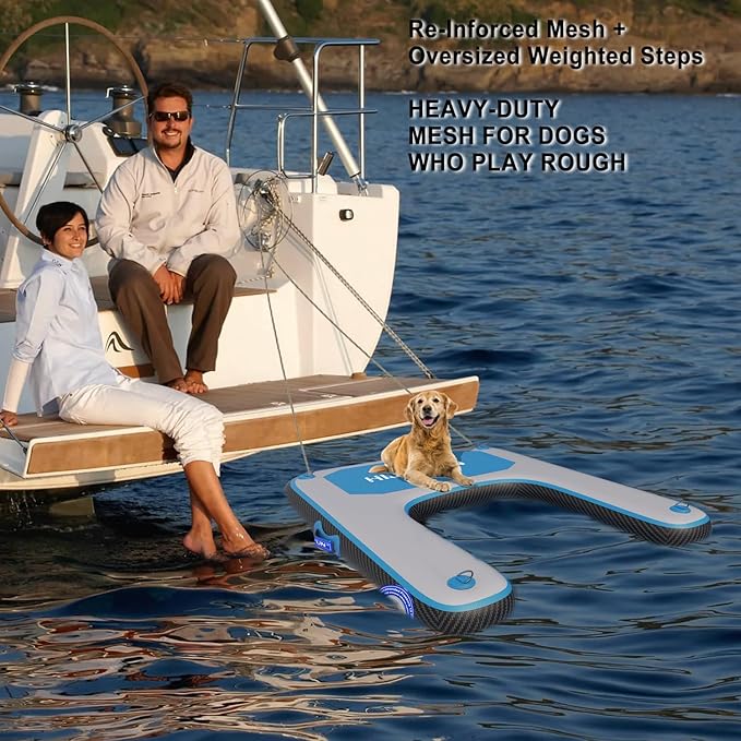 Inflatable Dog Water Ramp with Non-Slip Steps & D-Rings–180 lbs Capacity,47.2"x37.4"x4", Portable Floating Ladder for Pool, Boat, Lake – Blue