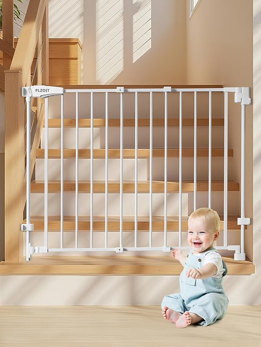 29.5-43" No Bottom Bar Baby Gate for Stairs, Auto Close Dog Gate Indoor, Hardware Mounted, Child Safety Gate for Kids with Large Walk Thru Door, Pet Gate for Doorways adn Stairs - White