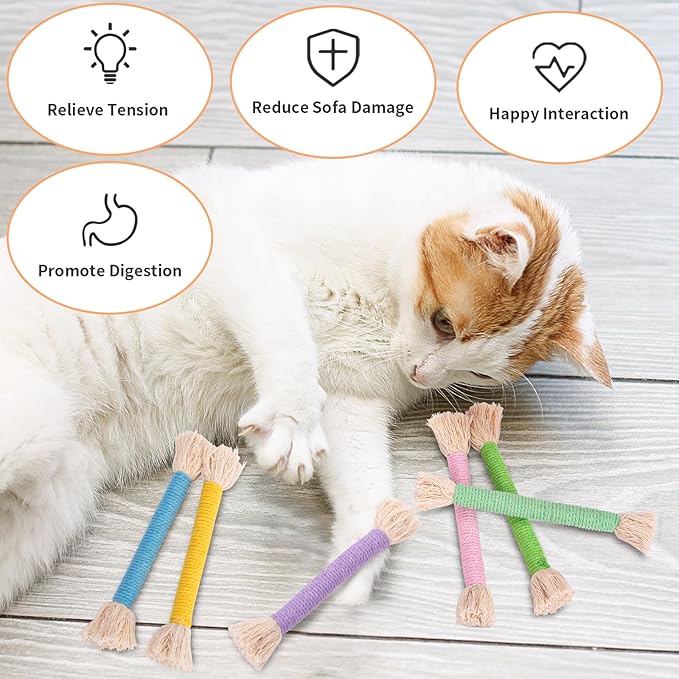 Retro Shaw Cat Toys, 6Pcs Catnip Chew Ropes, Safe Durable Kitten Teething Toys for Indoor Cats, Kitty Kicker Sticks Dental Toy for All Breeds
