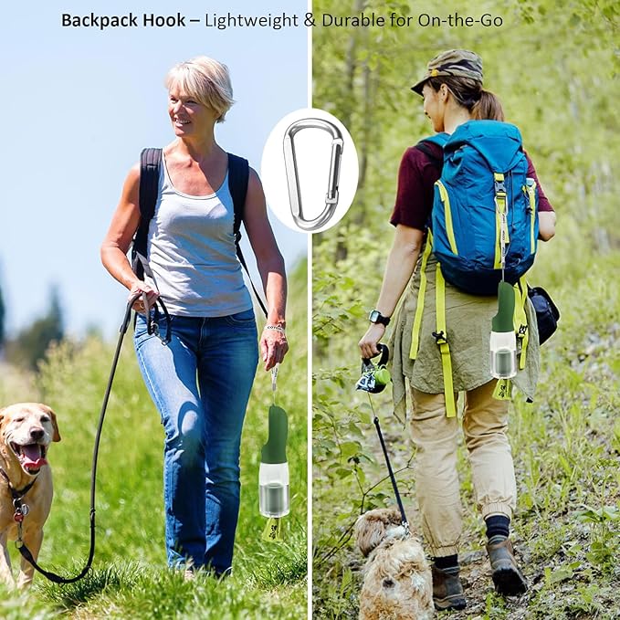 20oz Dog Water Bottle with Food Container & Poop Bag Dispenser | Leak-Proof Portable Pet Water Dispenser with Carabiner Clip | for Walking, Hiking, Travel