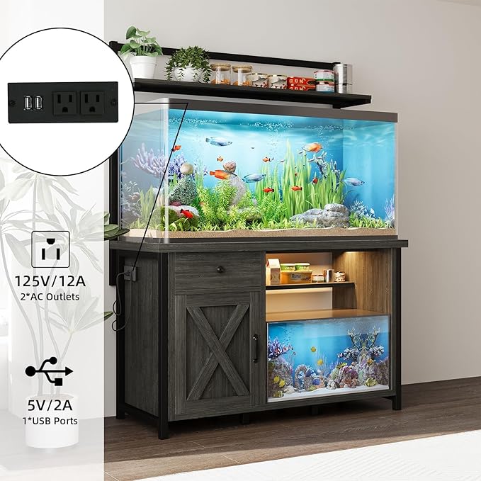 4ever2buy 55-75 Gallon Fish Tank Stand with Power Outlet, Led Light, Heavy Duty Aquarium Stand with Cabinet for Fish Tank Accessories Storage, Shelf, for Turtle Tank, Reptile Terrarium, 1100 LBS, Gray