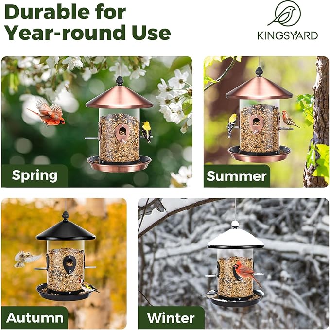 Kingsyard Metal Bird Feeders for Outdoors Hanging with 8 Ports, 3 lbs Large Tube Bird Feeder with Seed Tray for Cardinal Finch, Easy to Fill and Clean, Copper