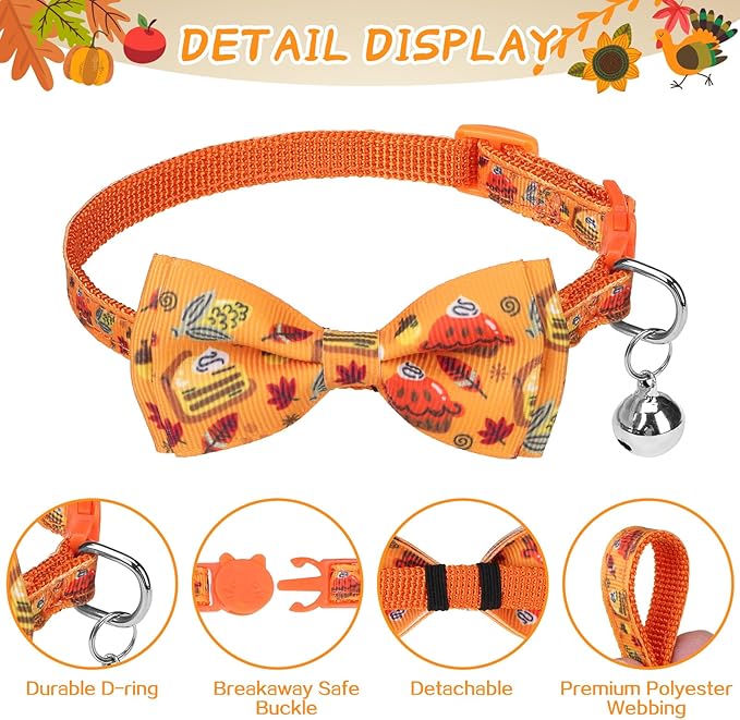 SCENEREAL Fall Thanksgiviing Cat Collar Breakaway, 3 Pack Kitten Collars with Bell, Bowtie and Safety Buckle - Adjustable Cute Holiday Cat Collars with Turkey and Pumpkin Pattern for Girl Boy
