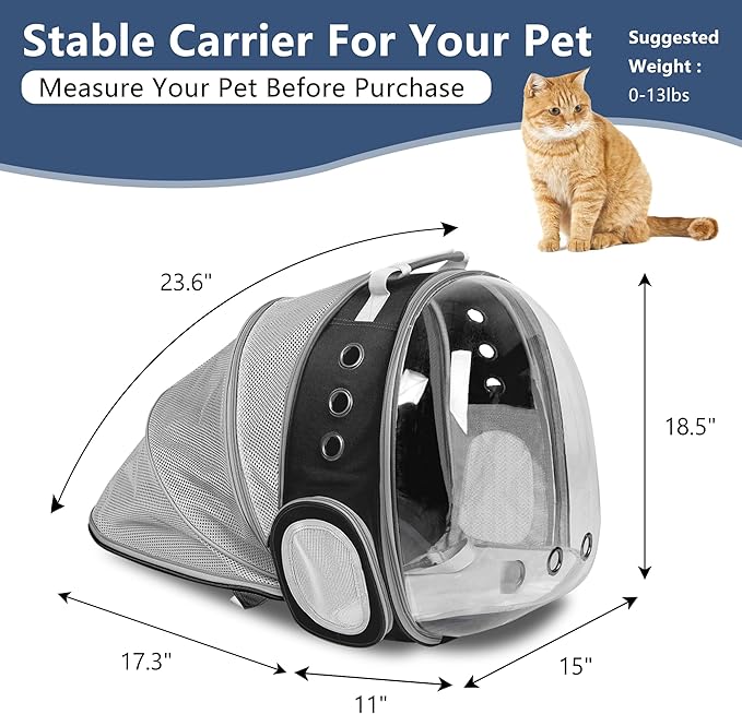 Cat Backpack Carrier Bubble Expandable Foldable Breathable Pet Carrier Dog Carrier Backpack for Large Big Cats Hiking, Travelling, Camping (Back Expandable-Black)