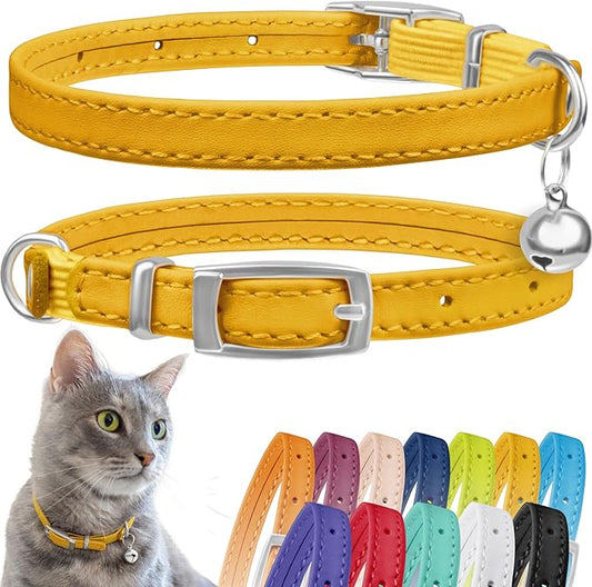 CollarDirect Leather Cat Collar with Bell - Kitten Collar, Small and Big Cat Strap for Boy Cats, Girl Cats with Safety Elastic Strap (Neck Fit 8"-11", Yellow)