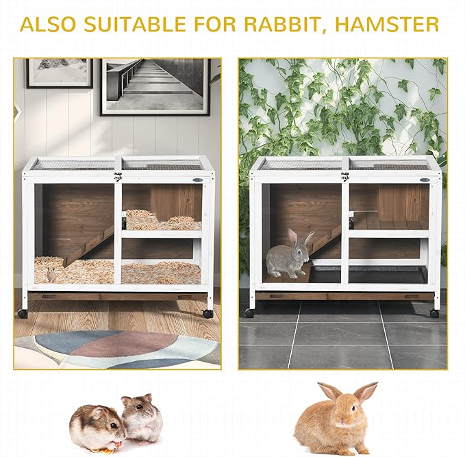 PawHut Rabbit Hutch with Wheels, Desk and Side Table Sized, Wooden Rabbit Cage, Waterproof Small Bunny Cage with Removable Tray, Openable Roof, for Rabbits, Chickens, Ducks, Indoor/Outdoor, Brown