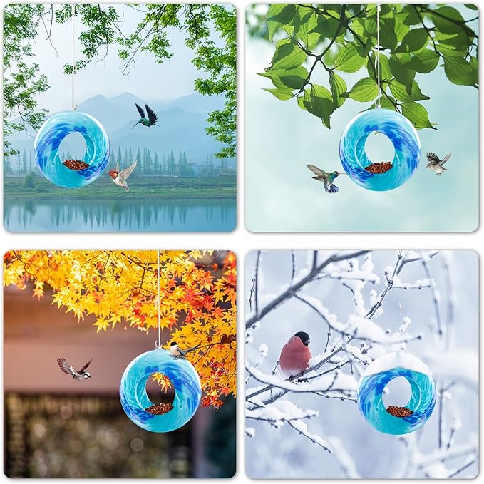 VCUTEKA Bird Feeder Solar Fly Through Birds Feeders for Outside Hanging with Round Shape Glass Container to Attract More Wild Birds for Garden Decor, Solar Birdfeeder as Gift for Bird Lovers, 8-Inch