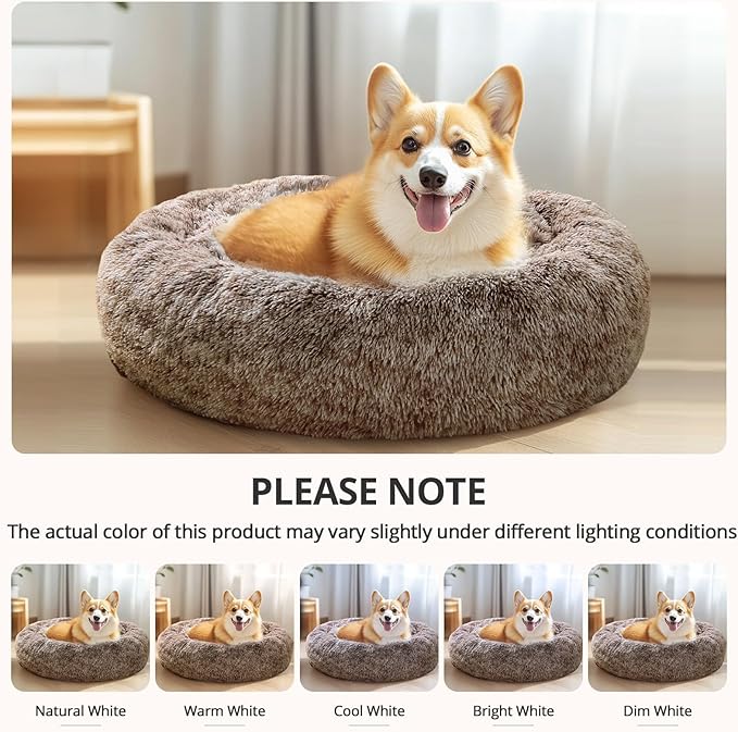 JOLLYVOGUE Calming Dog & Cat Bed for Small Dogs, Anti-Anxiety Donut Cuddler Cozy Soft Round Bed with Anti-Slip Bottom, Fluffy Faux Fur Plush Cushion Beds for Small Medium Dogs, 20"/Smoke Brown