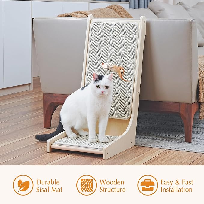 PETKARAY 105° Cat Scratcher, Sisal Kitty Scratch Pad, L Shape Scratching Board for Indoor Cats, Floor Mounted Scratcher with Mouse Toy Catnip, Chevron Style