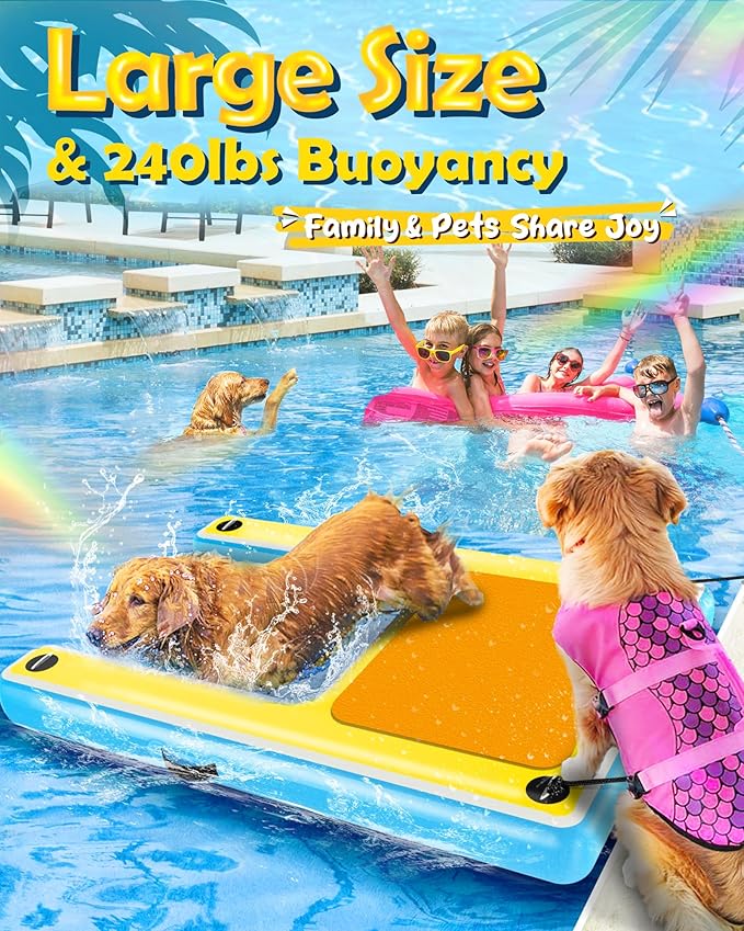 Inflatable Dog Ramp โ 60"x40" Extra Large Boat Ramp for Dogs Up to 240 lbs, Non-Slip Puncture-Resistant Inflatable Dock Floating Platform, Pool Floats Platform for Lakes, Boats, Lake, Trip