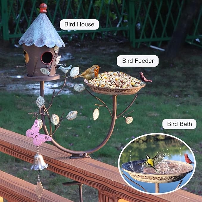 Deck Bird Bath, Metal Bird Bath and Bird Houses, Decorative Deck Mounted Bird Baths, Detachable and Adjustable Sturdy Deck Bird Bath for Outdoor Porch Yard Garden Decoration