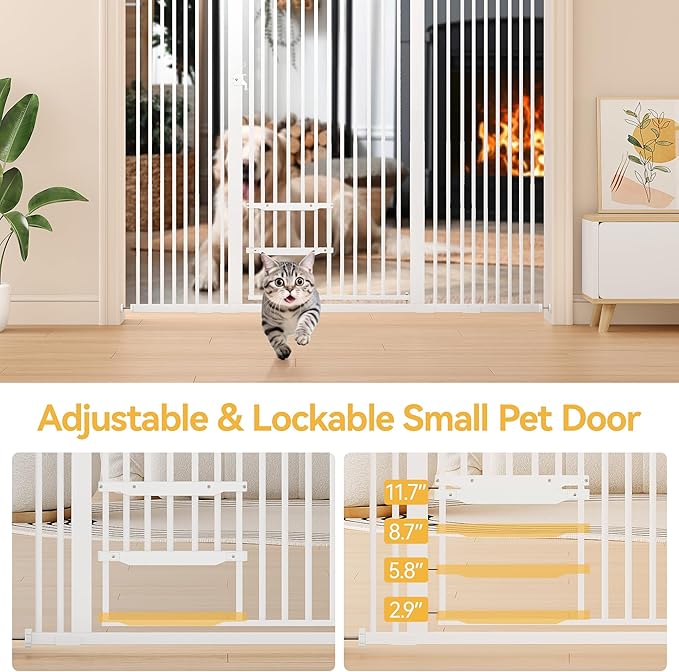 YITAHOME Extra Tall 55" High Metal Dog Gate with Cat Door, 29.5"- 43.3" Wide Auto Close Pet Gate Indoor for Stairs, Doorways, House, No Drilling Pressure Mount, Sturdy, White