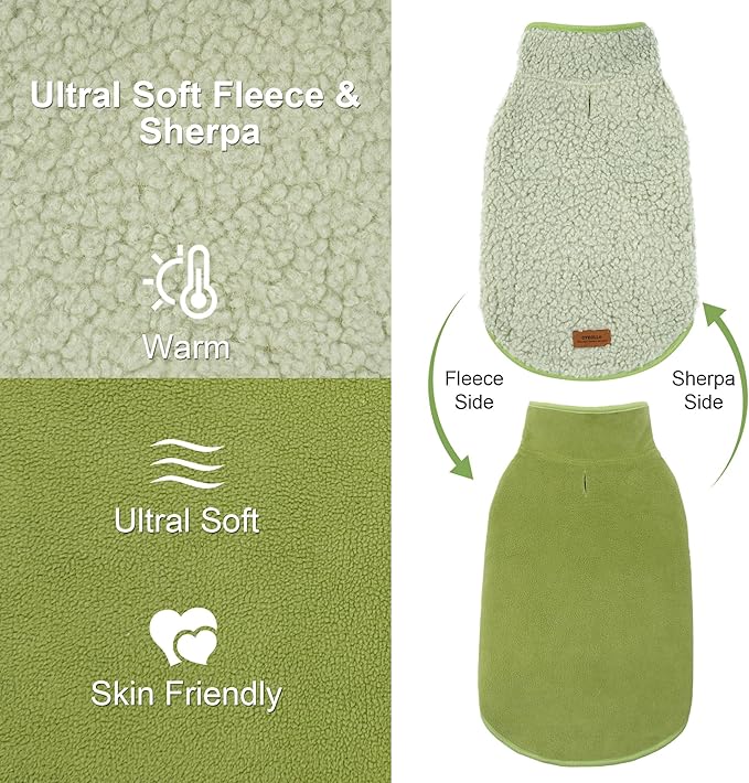 cyeollo Warm Dog Coat Fleece Sherpa Winter Sweater Coats, Turtleneck Dog Jacket Vest for Small Medium Large Dogs with Leash Hole, Soft Reversible Pet Coats for Cold Weather, Green, L