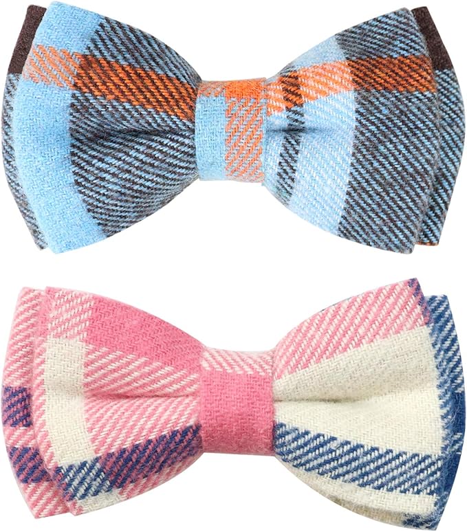 Joytale Upgraded Cat Collar with Bells, Breakaway Cat Collars with Bow Tie, 2 Pack Girl Boy Safety Plaid Kitten Collars, Haze Blue+Pink
