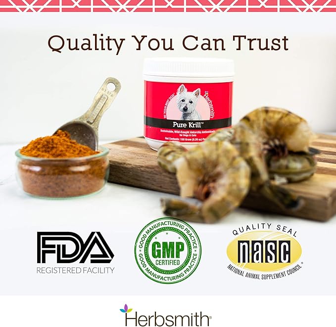 Herbsmith Pure Krill - Wild-Caught Antarctic Krill - Just 1 Ingredient - Astaxanthin for Dogs - Ready-to-Use Omega 3s – Alternative to Krill Oil for Dogs - 150g