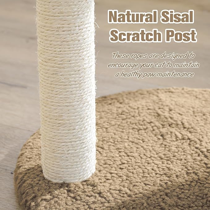 YOCAN Small Cat Tree Tower Indoor with Large Cozy Plush Top Perch, Natural Sisal Scratching Posts, Interactive Dangling Ball Great for Kittens and Cats (Brown)